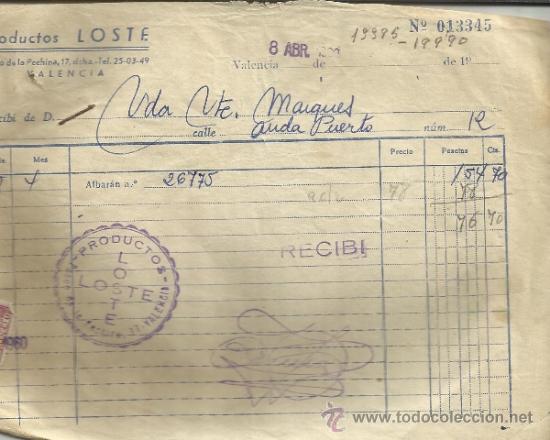 Fatture antiche: FACTURA DE PRODUCTOS LOSTE S.A. VALENCIA. 1960