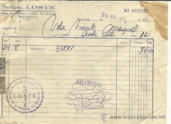 Fatture antiche: FACTURA DE PRODUCTOS LOSTE S.A. VALENCIA. 1960
