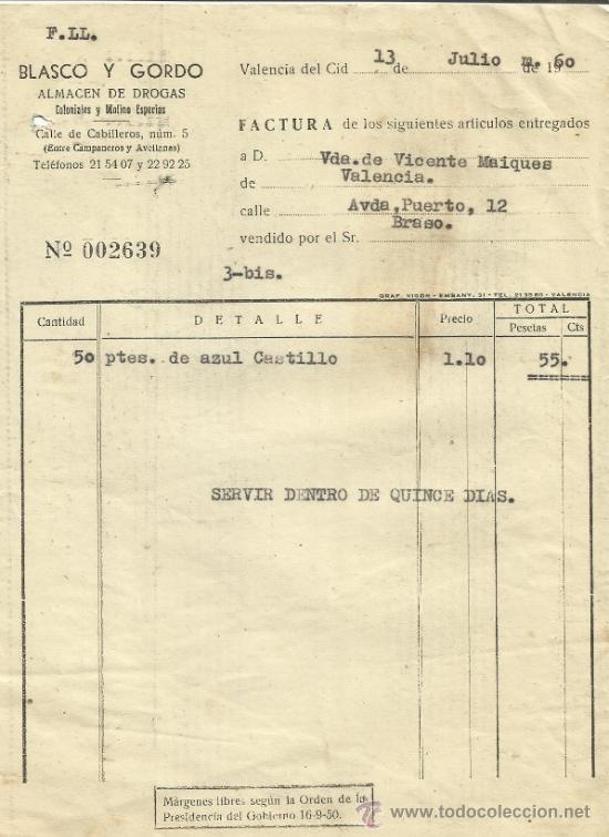 Fatture antiche: FACTURA DE BLASCO Y GORDO. ALMAC&Eacute;N DE DROGAS. VALENCIA. 1960