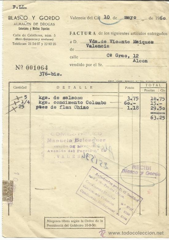 Fatture antiche: FACTURA DE BLASCO Y GORDO. ALMAC&Eacute;N DE DROGAS. VALENCIA. 1960