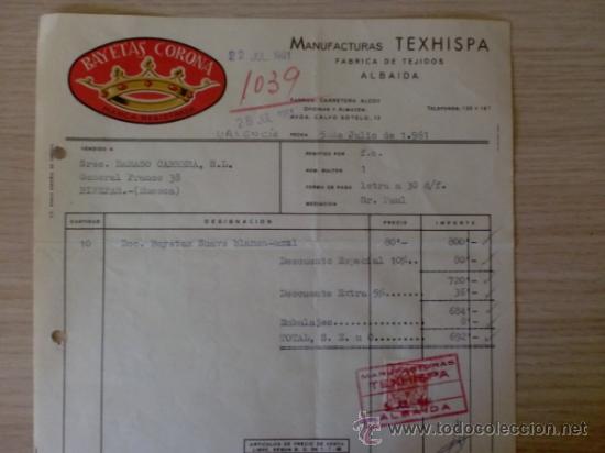Old Invoices: FACTURA DE MANUFACTURAS TEXHISPA. FABRICA DE TEJIDOS ALBAIDA. BAYETAS CORONA. VALENCIA 1961.