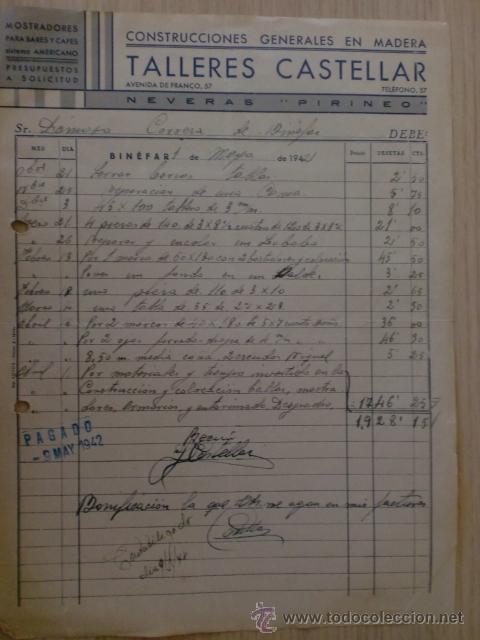 Old Invoices: FACTURA DE TALLERES CASTELLAR. CONSTRUCCIONES GENERALES EN MADERA. BINEFAR, HUESCA 1942.
