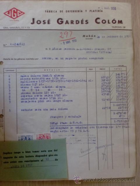 Old Invoices: FACTURA. JOSE GARDES COLOM. FABRICA DE ORFEBRERIA Y PLATERIA. MAHON, BALEARES 1958.