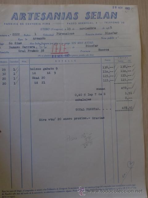 Old Invoices: FACTURA. ARTESANIAS SELAN. FABRICA DE CESTERIA FINA. UTEBO, ZARAGOZA 1965.