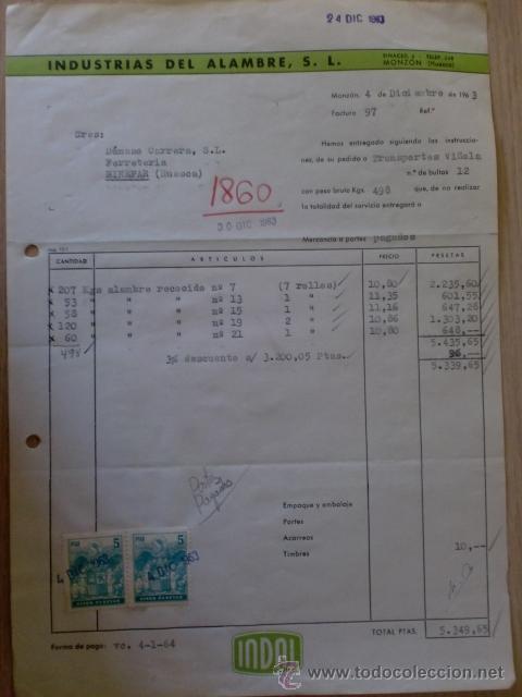 Old Invoices: FACTURA. INDUSTRIAS DEL ALAMBRE, S. L. MONZON, HUESCA 1963.