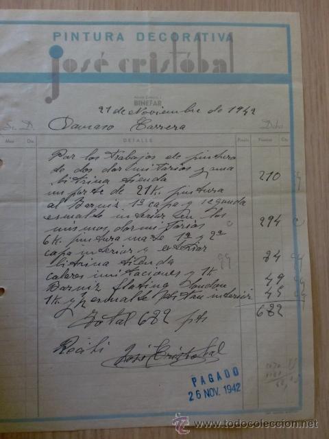 Old Invoices: FACTURA. JOSE CRISTOBAL. PINTURA DECORATIVA. BINEFAR, HUESCA 1942.