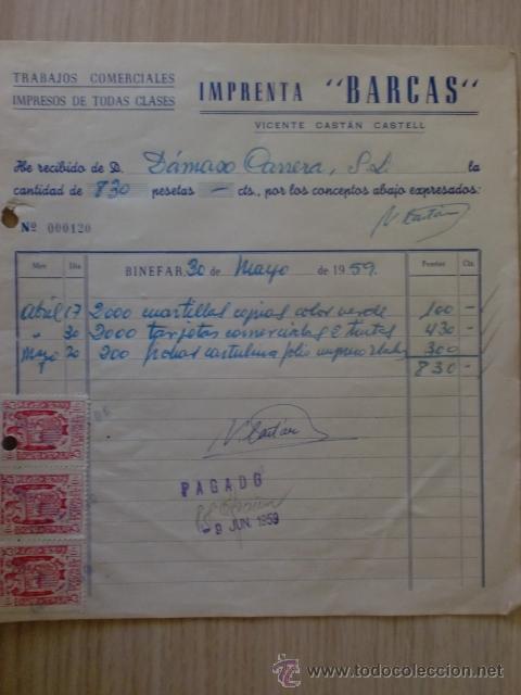 Old Invoices: FACTURA. VICENTE CASTAN CASTELL. IMPRENTA BARCAS. BINEFAR, HUESCA 1959.