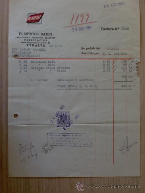 Old Invoices: FACTURA. PLASTICOS BARDI. PRODUCTOS DE PLASTICO. PERALTA, NAVARRA 1961.