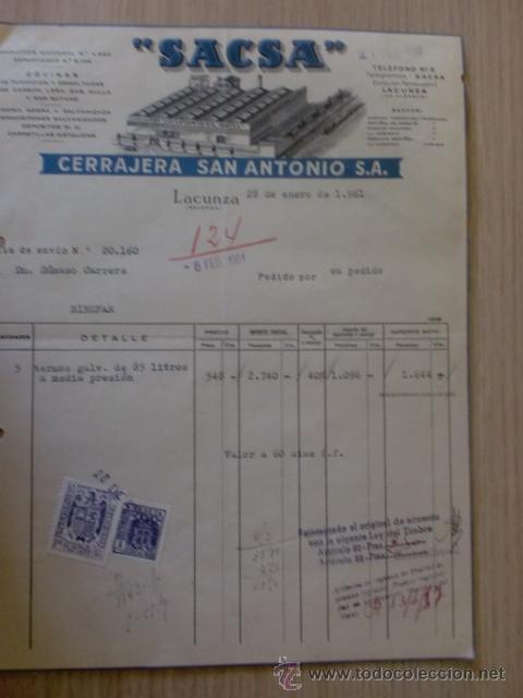 Old Invoices: FACTURA. CERRAJERIA SAN ANTONIO, S.A. SACSA. LACUNZA, NAVARRA 1961.