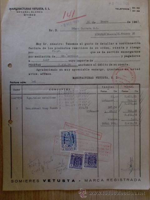Old Invoices: FACTURA. MANUFACTURAS VETUSTA, S. L. OVIEDO 1961.