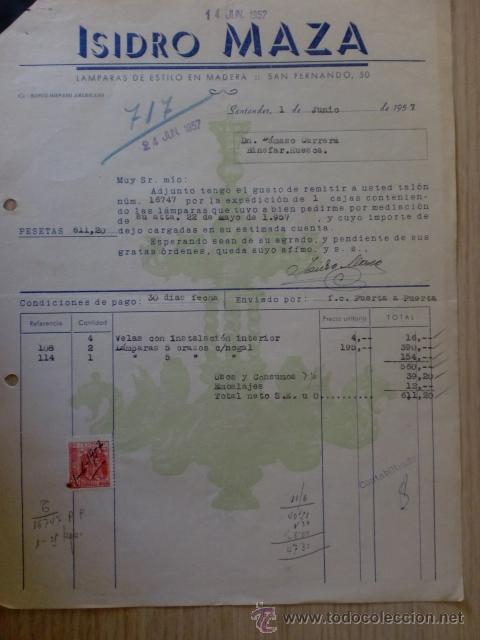 Old Invoices: FACTURA. ISIDRO MAZA. LAMPARAS DE ESTILO EN MADERA. SANTANDER 1957.