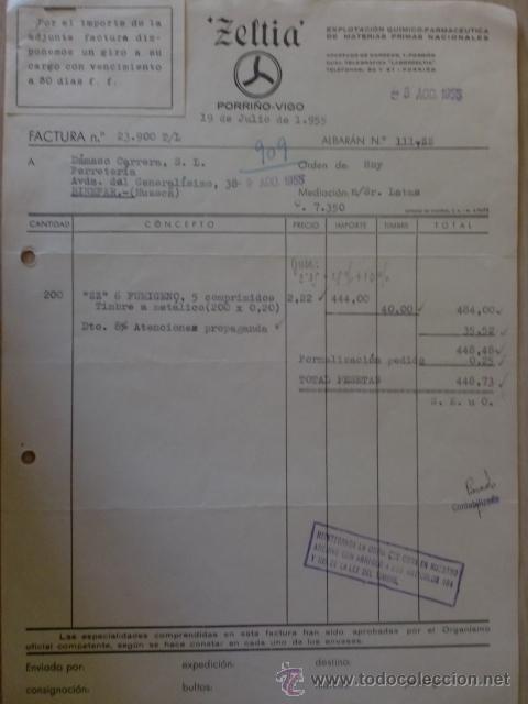 Old Invoices: FACTURA.ZELTIA, S. A. LABORATORIOS ESPA&Ntilde;OLES. ESPECIALIDADES FARMACEUTICAS. PORRI&Ntilde;O,PONTEVEDRA 1955.