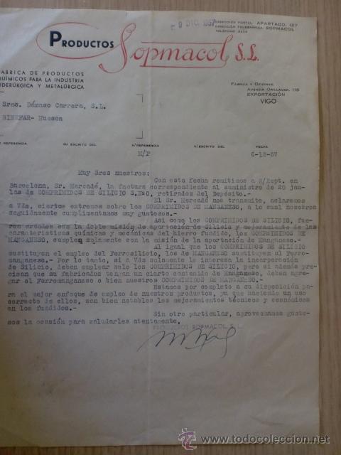Old Invoices: FACTURA. PRODUCTOS SOPMACOL, S. L. FABRICA DE PRODUCTOS QUIMICOS PARA LA INDUSTRIA. VIGO 1957.