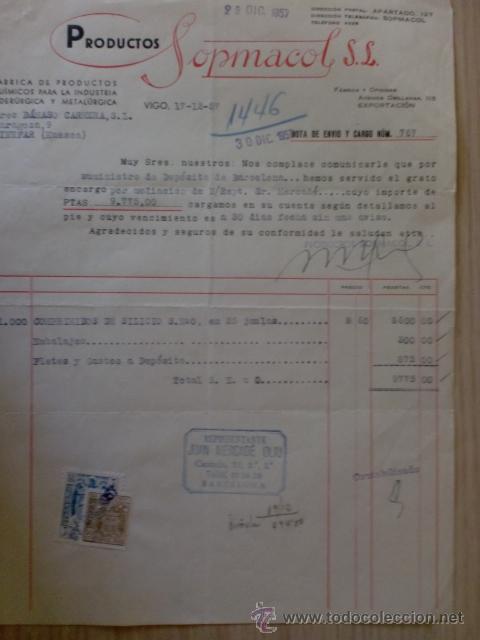 Old Invoices: FACTURA. PRODUCTOS SOPMACOL, S. L. FABRICA DE PRODUCTOS QUIMICOS PARA LA INDUSTRIA. VIGO 1957.