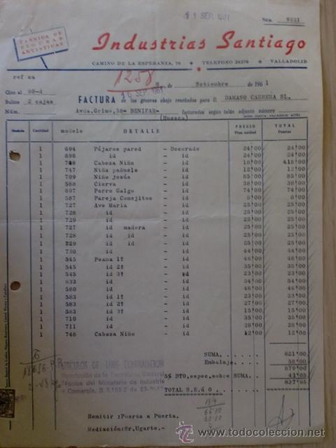 Old Invoices: FACTURA. INDUSTRIAS SANTIAGO. FABRICA DE FIGURAS ARTISTICAS. VALLADOLID 1961.