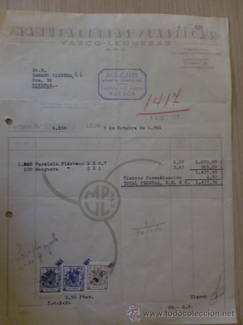 Old Invoices: FACTURA. MANUFACTURAS PLASTICAS VASCO-LEONESAS. JOSE CLAVER, AGENTE COMERCIAL. LEON 1961.