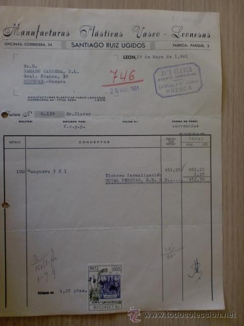 Old Invoices: FACTURA. MANUFACTURAS PLASTICAS VASCO-LEONESAS. JOSE CLAVER, AGENTE COMERCIAL. LEON 1961.
