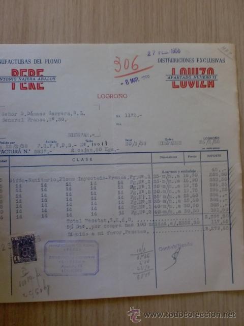 Old Invoices: FACTURA. ANTONIO NAJERA ABALOS. MANUFACTURAS DEL PLOMO. LOGRO&Ntilde;O 1958.