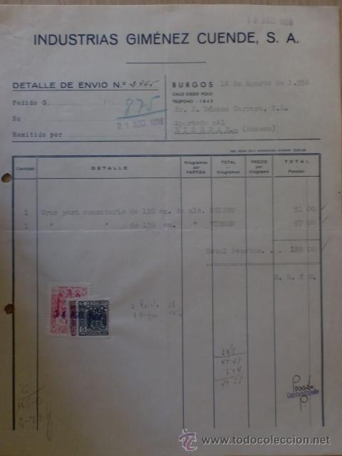 Old Invoices: FACTURA. INDUSTRIAS GIMENEZ CUENDE, S. A. BURGOS 1956.