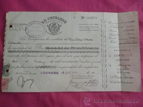 Facturas antiguas: Logro&ntilde;o. Documento de seguros de 1939. N&aacute;jera - Foto 1