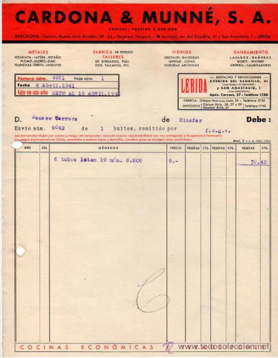 Facturas antiguas: FACTURA DE CARDONA & MUNN&Eacute;, S. A. FABRICA DE ESPEJOS - VIDRIOS - SANEAMIENTO. LAVABOS. L&Eacute;RIDA 1941