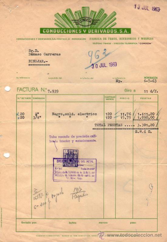 Facturas antiguas: FACTURA DE CONDUCCIONES Y DERIVADOS, S. A. CONDESA.  FABRICA DE TUBOS, MUEBLES. MONDRAGON. 1963