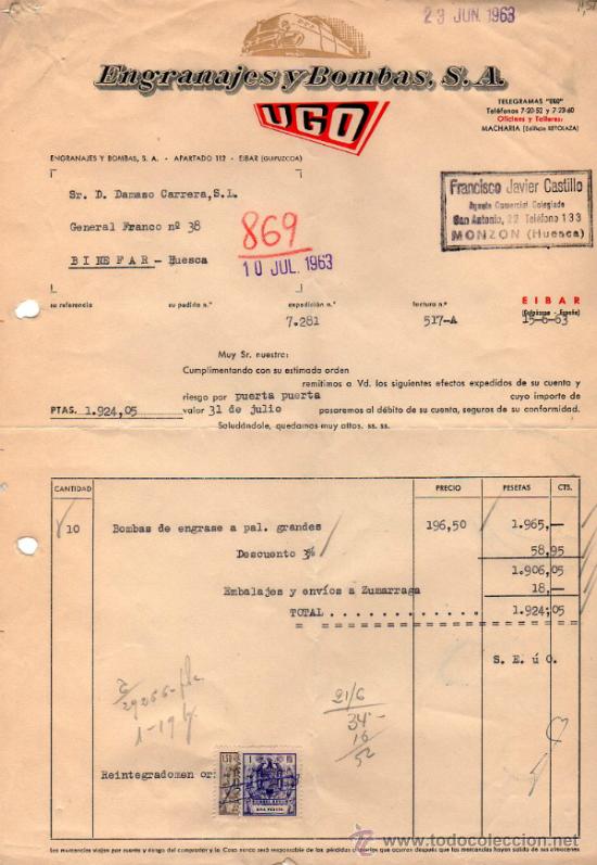 Facturas antiguas: FACTURA DE ENGRANAJES Y BOMBAS, S. A. UGO. EIBAR (GUIPUZCOA). 1963