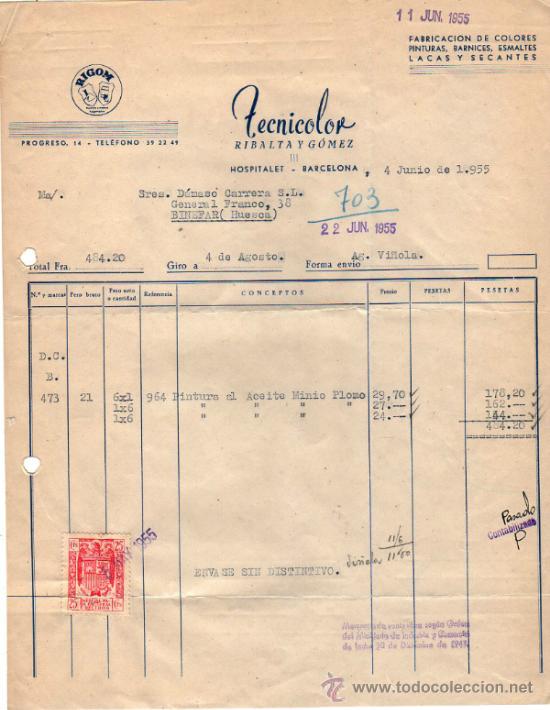 Facturas antiguas: FACTURA DE RIBALTA Y G&Oacute;MEZ. RIGOM. TECNICOLOR. HOSPITALET - BARCELONA. 1955