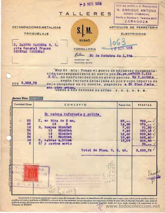 Facturas antiguas: FACTURA DE TALLERES S. I. M. ESTAMPACIONES METALICAS - TROQUELAJE - TORNILLERIA. BILBAO. 1954