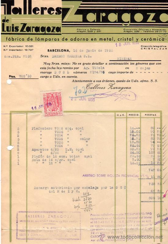 Facturas antiguas: FACTURA DE TALLERES DE LUIS ZARAGOZA. FABRICA DE LAMPARAS DE ADORNO EN METAL. BARCELONA. 1955