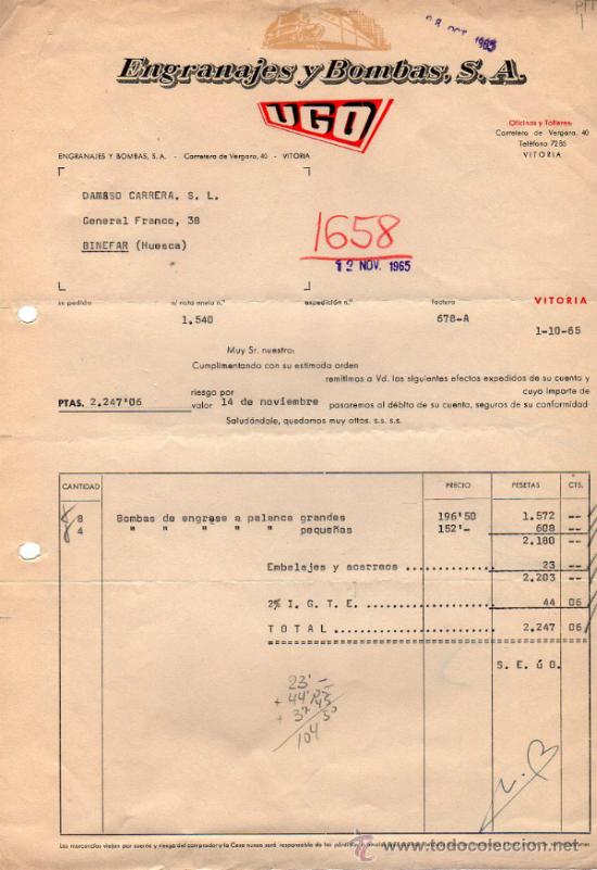 Old Invoices: FACTURA DE ENGRANAJES Y BOMBAS, S. A. UGO. VITORIA. 1965