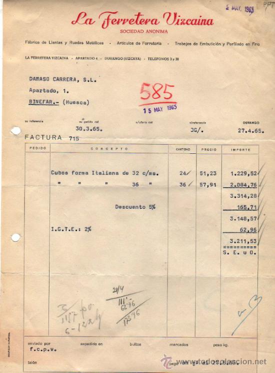 Old Invoices: FACTURA DE LA FERRETERA VIZCAINA, S. A. FABRICA DE LLANTAS Y RUEDAS METALICAS. DURANGO. 1965
