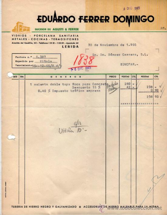 Old Invoices: FACTURA DE EDUARDO FERRER DOMINGO. SUCESOR DE AGUSTI & FERRER. L&Eacute;RIDA. 1965