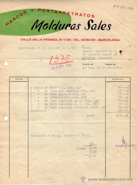 Old Invoices: FACTURA DE MARCOS Y PORTARRETRATOS. MOLDURAS SALES. BARCELONA.  1959