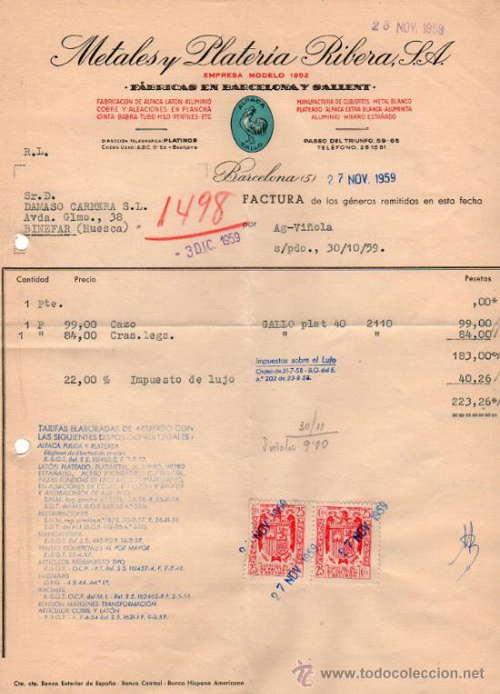 Old Invoices: FACTURA DE METALES Y PLATERIA RIBERA, S. A. FABRICACION DE ALPACA. LATON, ALUMINIO.  BARCELONA. 1959