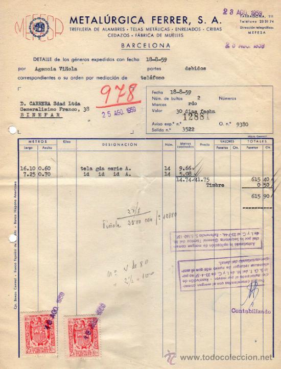 Old Invoices: FACTURA DE METAL&Uacute;RGICA FERRER, S. A. TREFILER&Iacute;A DE ALAMBRES, TELAS MET&Aacute;LICAS.   BARCELONA. 1959