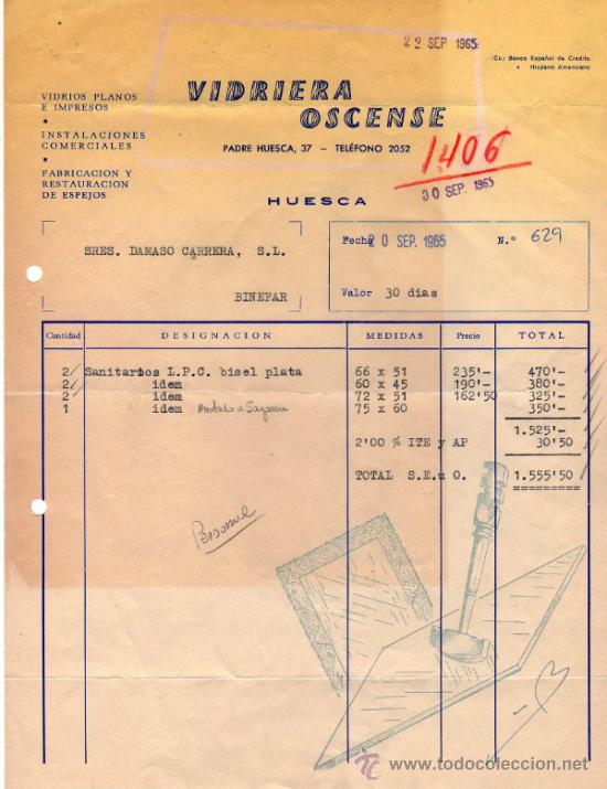 Facturas antiguas: FACTURA DE VIDRIERA OSCENSE. HUESCA. 1965 - Foto 1