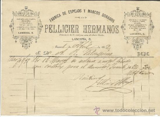 Facturas antiguas: FACTURA DE PELLICIER HERMANOS. F&Aacute;BRICA DE ESPEJOS Y MARCOS DORADOS. JEREZ DE LA FRONTERA. C&Aacute;DIZ.1892