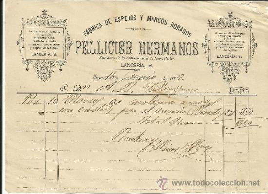 Alte Rechnungen: FACTURA DE PELLICIER HERMANOS. F&Aacute;BRICA DE ESPEJOS Y MARCOS DORADOS. JEREZ DE LA FRONTERA. C&Aacute;DIZ.1892