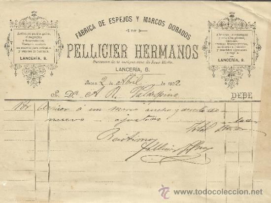 Alte Rechnungen: FACTURA DE PELLICIER HERMANOS. F&Aacute;BRICA DE ESPEJOS Y MARCOS DORADOS. JEREZ DE LA FRONTERA. C&Aacute;DIZ.1892