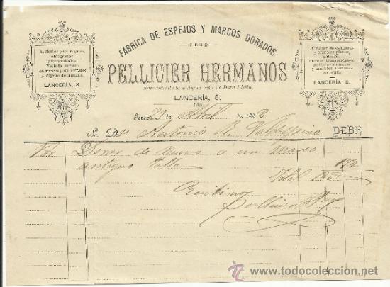 Alte Rechnungen: FACTURA DE PELLICIER HERMANOS. F&Aacute;BRICA DE ESPEJOS Y MARCOS DORADOS. JEREZ DE LA FRONTERA. C&Aacute;DIZ.1892