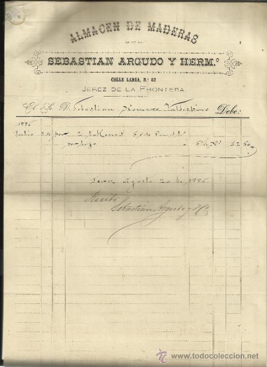 Alte Rechnungen: FACTURA DE SEBASTIAN AGUDO Y HERMANOS. ALMAC&Eacute;N DE MADERAS. JEREZ DE LA FRONTERA. C&Aacute;DIZ. 1886