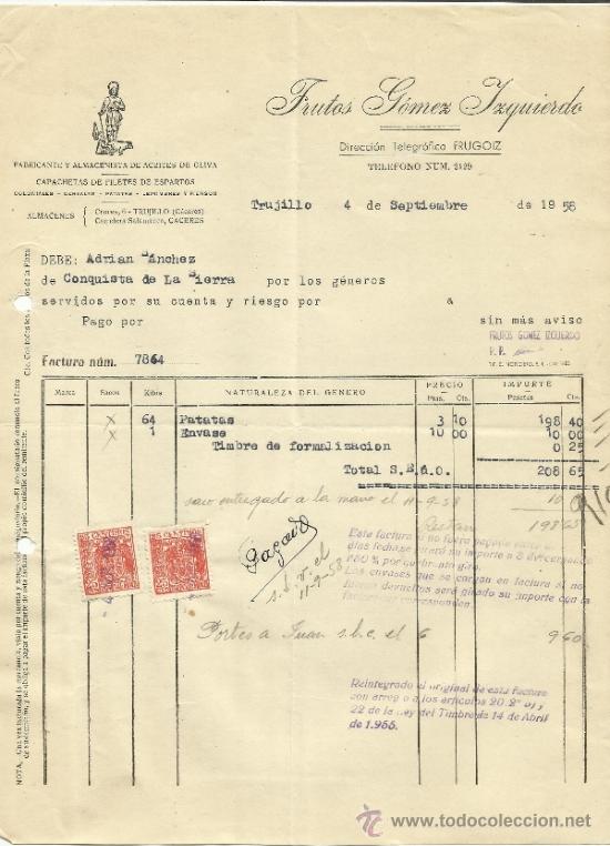Alte Rechnungen: FACTURA DE FRUTOS G&Oacute;MEZ IZQUIERDO. FABRICANTE  DE ACEITES DE OLIVA. TRUJILLO. C&Aacute;CERES. 1958