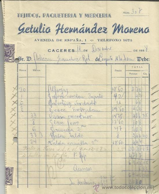 Alte Rechnungen: FACTURA DE GETULIA HERN&Aacute;NDEZ MARENA. TEJIDOS, PAQUETER&Iacute;A Y MERCER&Iacute;A. C&Aacute;CERES. 1958