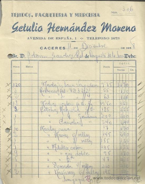 Alte Rechnungen: FACTURA DE GETULIA HERN&Aacute;NDEZ MARENA. TEJIDOS, PAQUETER&Iacute;A Y MERCER&Iacute;A. C&Aacute;CERES. 1958