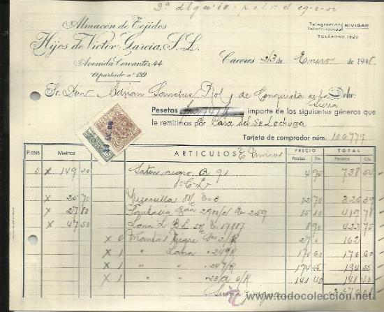 Alte Rechnungen: FACTURA DE HIJOS DE VICTOR GARC&Iacute;A S.L. ALMAC&Eacute;N DE TEJIDOS. C&Aacute;CERES. 1948