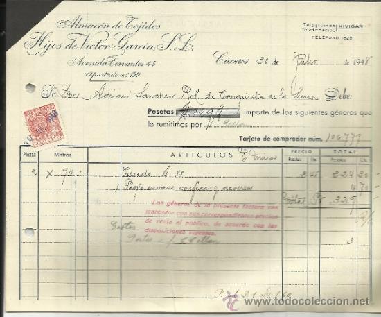 Alte Rechnungen: FACTURA DE HIJOS DE VICTOR GARC&Iacute;A S.L. ALMAC&Eacute;N DE TEJIDOS. C&Aacute;CERES. 1948
