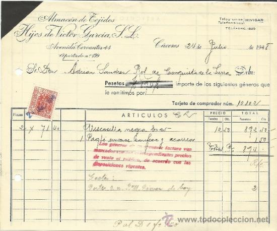 Alte Rechnungen: FACTURA DE HIJOS DE VICTOR GARC&Iacute;A S.L. ALMAC&Eacute;N DE TEJIDOS. C&Aacute;CERES. 1948