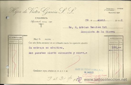 Alte Rechnungen: FACTURA DE HIJOS DE VICTOR GARC&Iacute;A S.L. ALMAC&Eacute;N DE TEJIDOS. C&Aacute;CERES. 1948