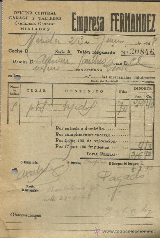 Alte Rechnungen: FACTURA DE EMPRESA FERN&Aacute;NDEZ. MIAJADAS. C&Aacute;CERES. 1948